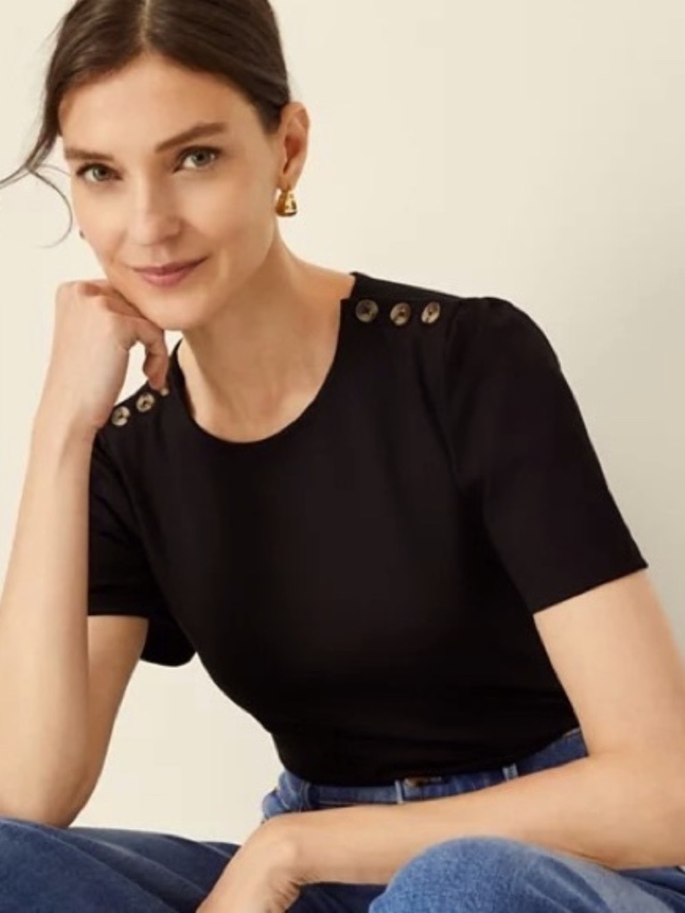 Ann Taylor Black Rayon Blend Flutter Sleeve Button Shoulder Knit Top